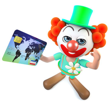 3d Funny cartoon crazy clown character paying with a credit card