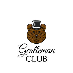 Bear gentleman. Top hat. Brown bear head. Gentleman club text. Vector.