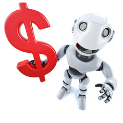 3d Funny cartoon mechanical robot character holding a US Dollar currency symbol