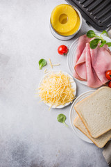 Ingredients for making grilled hawaii toast sandwich with ham, pineapple, tomato and cheese. Healthy summer food concept with free space for text.