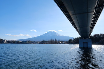 河口湖遊覧船から見た河口湖大橋と富士山