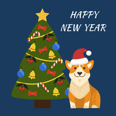 Happy New Year Dog with Hat on Vector Illustration
