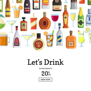 Vector background with alcoholic drinks in glasses and bottles and with place for text