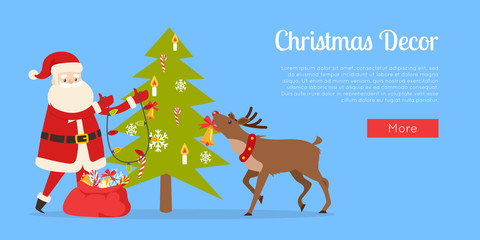 Santa Claus and Big Reindeer Decorate Fir Tree
