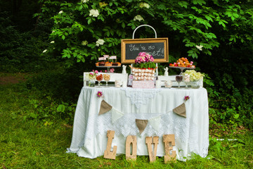 Wedding decoration in forest. Rustic wedding ceremony in forest. Vintage decoration in forest.