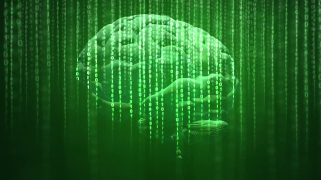 Digital brain rotating over the dark green background illustrating the concepts of  artificial intelligence, digital data and computing.