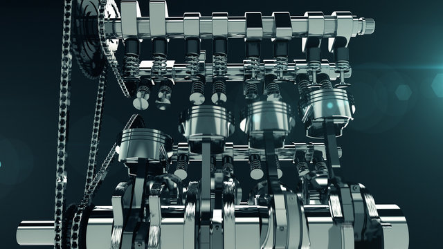 Low-angle shot of a working V8 engine with lens flare effect. Pistons, camshaft, valves and other mechanical parts are in motion.