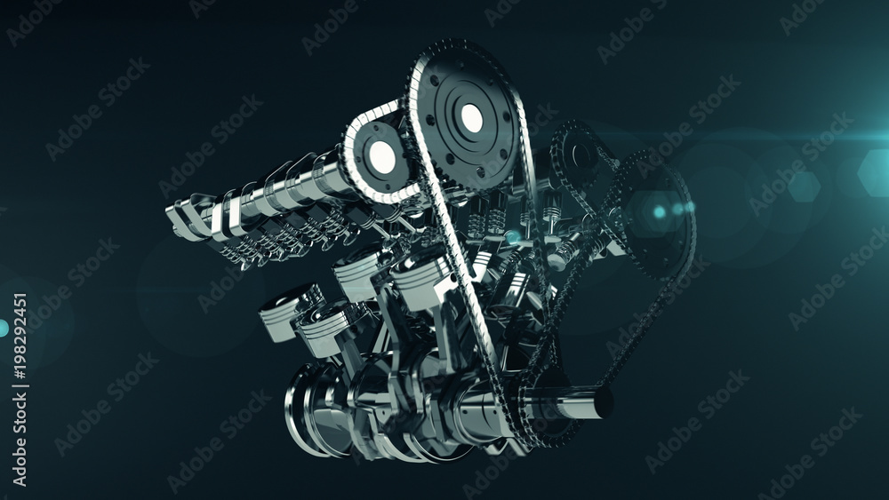 Poster 3d shot of a working v8 engine with lens flare effect. pistons, camshaft, valves and other mechanica