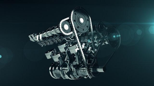 3D shot of a working V8 engine with lens flare effect. Pistons, camshaft, valves and other mechanical parts are in motion.