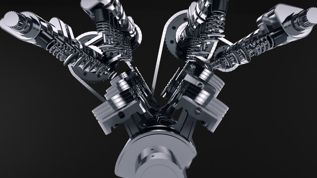 Close-up shot of a working V8 engine. Pistons, camshaft, valves and other mechanical parts are in motion.