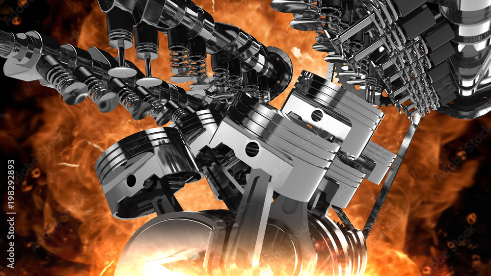 Poster 3d model of a working v8 engine with explosions and flames. pistons, camshaft, valves and other mech
