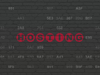 Web development concept: Painted red text Hosting on Black Brick wall background with Hexadecimal Code