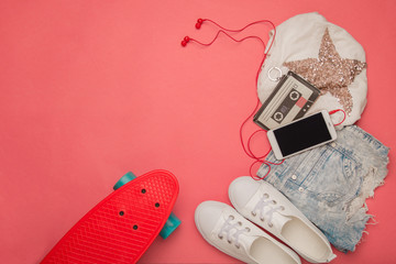 Fashion set. Skateboard and Shorts and a t-shirt © yana136