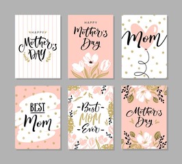 Set of cute greeting cards for Mother's Day with hand drawn blossom flowers and modern brush calligraphy