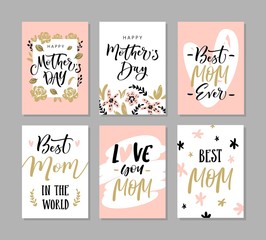 Set of cute greeting cards for Mother's Day with hand drawn blossom flowers and modern brush calligraphy