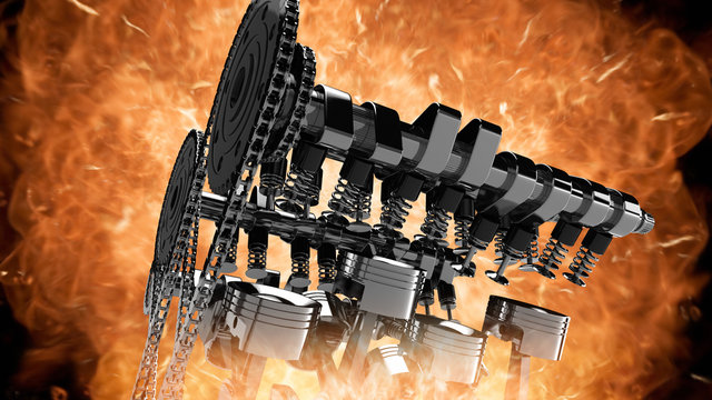 CG model of a working V8 engine with explosions and flames. Pistons, camshaft, valves and other mechanical parts are in motion.