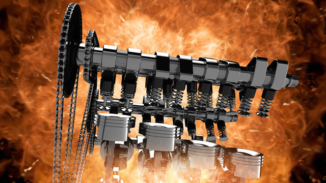 CG model of a working V8 engine with explosions and flames. Pistons, camshaft, valves and other mechanical parts are in motion.