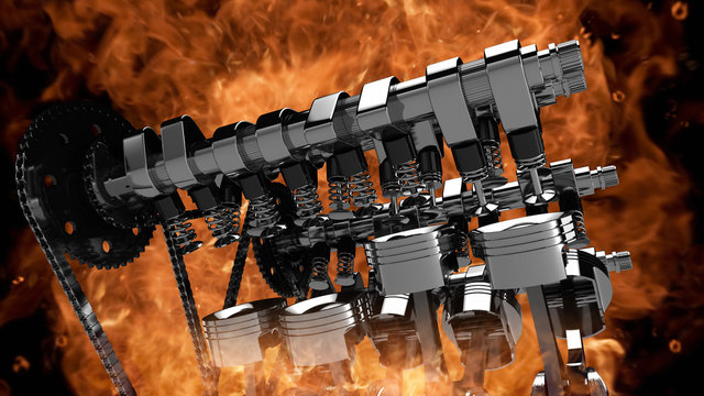 CG model of a working V8 engine with explosions and flames. Pistons, camshaft, valves and other mechanical parts are in motion.