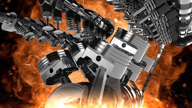 3D model of a working V8 engine with explosions and flames. Pistons, camshaft, valves and other mechanical parts are in motion.