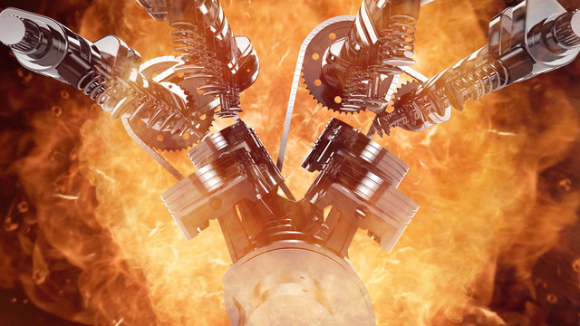 Working V8 engine with explosions and flames. Pistons, camshaft, valves and other mechanical parts in motion.