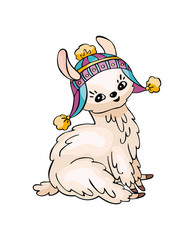 Little pretty llama in doodle style. Colorful vector illustration isolated on a white background.