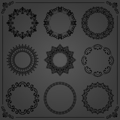 Vintage set of vector round elements. Different elements for decoration and design frames, cards, menus, backgrounds and monograms. Classic patterns. Set of vintage dark patterns
