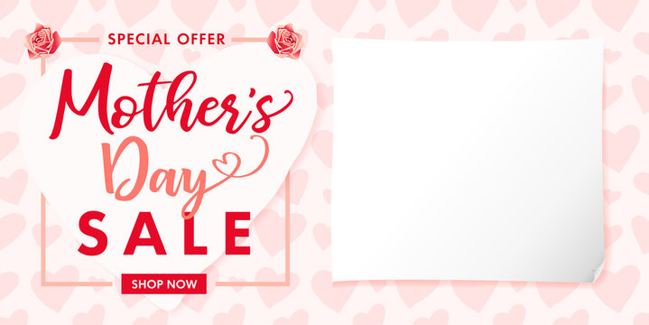Happy Mother`s Day rose flower and hearts sale banner. Special offer Sale lettering background for the Mother's Day. Best mom ever greeting card