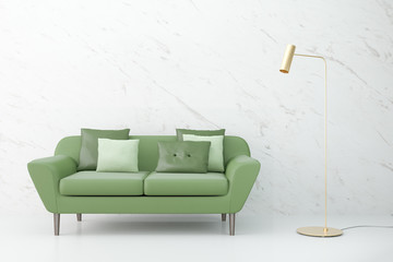 The interior room with a green greenery sofa and gold lamp at marble wall. 3d illustration.