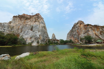 Scenic view of rocky mountain of khao Ngu Stone Park , Ratchaburi , Thailand.