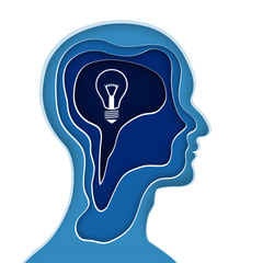 Abstract origami layer of human head and light bulb brain on background as business, science,intelligence idea, paper carve art and craft style concept. vector illustration.