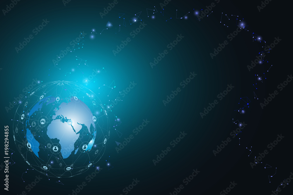 Poster glowing global network connection. world map hexagonal mesh and line as business, composition concep