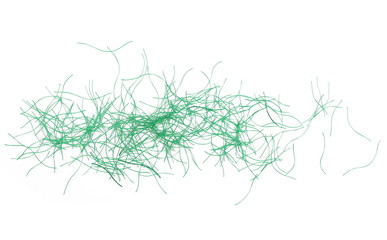 Green synthetic, plastic shredded string strands texture isolated on white background 