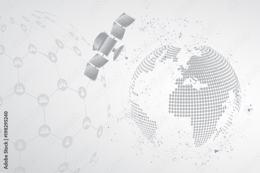 Poster satellite and global network connection. world hexagonal polygon mesh as business, composition conce