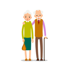Old couple. Two aged people stand. Elderly man and woman stand together and hug each other. Illustration isolated on white background in flat style