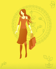 Young women silhouette carrying shopping bags with floral background