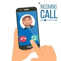 Incoming Call Vector. Man Face On Mobile Smartphone Screen. Calling Service Application. Video, Voice Conversation. Business Communication. IP Telephony. Isolated Flat Cartoon Illustration