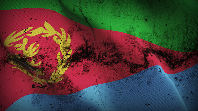 Eritrea grunge flag waving loop. Eritrean dirty flag blowing on wind.