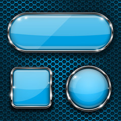 Blue glass buttons on metal perforated background