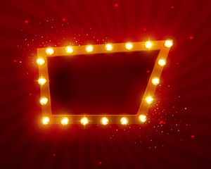 Obraz premium Glowing lights retro frame for advertising design. Special light effects. Vintage stage lights backdrop. Vector Background show. Illuminated round realistic banner. 3D