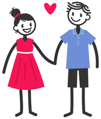 Vector illustration of cute stick figures holding hands, loving couple, boy and girl with red heart isolated on white background