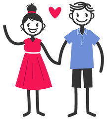 Vector illustration of cute stick figures holding hands and waving, loving couple, boy and girl with red heart isolated on white background
