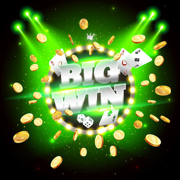 The gold word Big Win, surrounded by attributes of gambling, on a explosion background. The new, best design of the luck banner, for gambling, casino, poker, slot, oulette or bone.