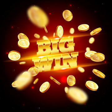 The gold word Big Win, surrounded by attributes of gambling, on a explosion background. The new, best design of the luck banner, for gambling, casino, poker, slot, roulette or bone.