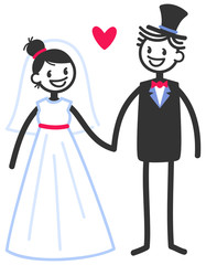Vector wedding illustration of happy stick figures bridal couple holding hands looking at each other isolated on white background, wedding invitation template
