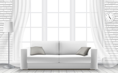 White sofa on the background of a large light window in a brick wall. Modern interior of a living room or studio. Vector 3d realistic style.