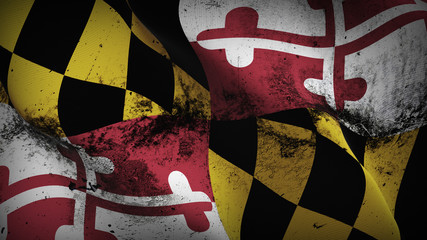 Maryland US State grunge flag waving loop. United States of America Maryland dirty flag blowing on wind.