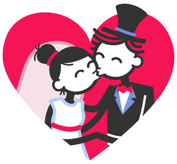 Vector wedding illustration of cute stick figures bridal couple kissing inside red heart isolated on white background, wedding invitation template