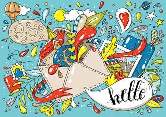 Obraz premium Vector colorful postcard with travel objects and abstract shapes