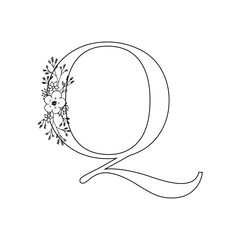 Floral letter Q. Romantic lettering design with flowers.