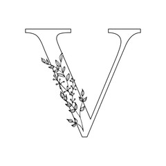 Floral letter V. Romantic lettering design with flowers.